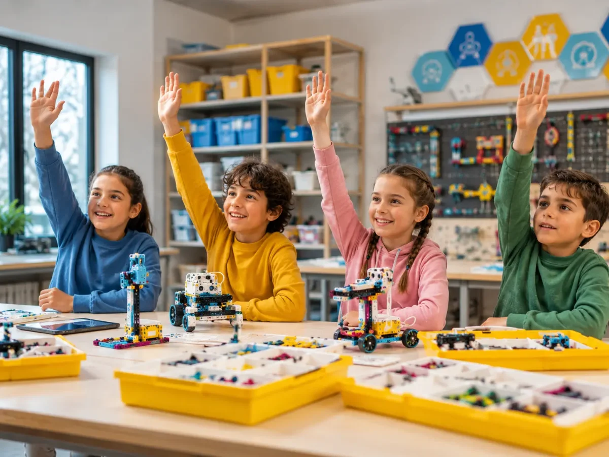 Atölyede robot kitleriyle çalışan öğrenciler